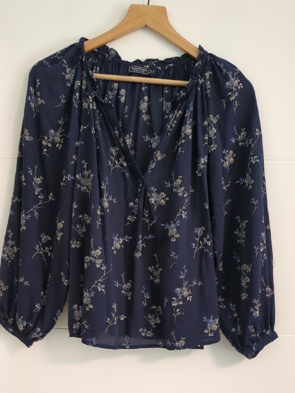 Vineyard Vines Women’s Navy Floral Peasant Boho Blouse Balloon Sleeves Sz S